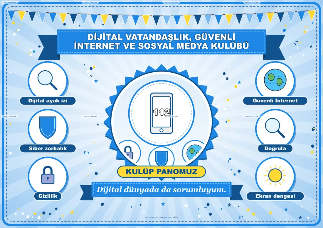 Dijital Vatandaşlık, Güvenli İnternet ve Sosyal Medya Kulübü Pano Şeridi ve 6 Bilgi Posteri (8 parça · 84 × 59 cm) birleşik görünüm