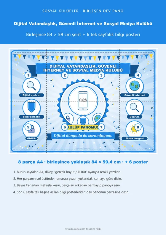 Dijital Vatandaşlık, Güvenli İnternet ve Sosyal Medya Kulübü Pano Şeridi ve 6 Bilgi Posteri (8 parça · 84 × 59 cm) kapağı