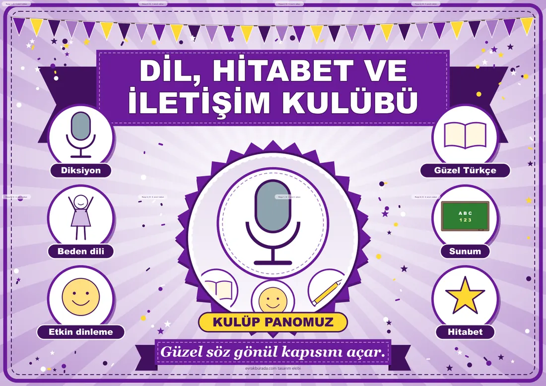 Dil, Hitabet ve İletişim Kulübü Pano Şeridi ve 6 Bilgi Posteri (8 parça · 84 × 59 cm) birleşik görünüm