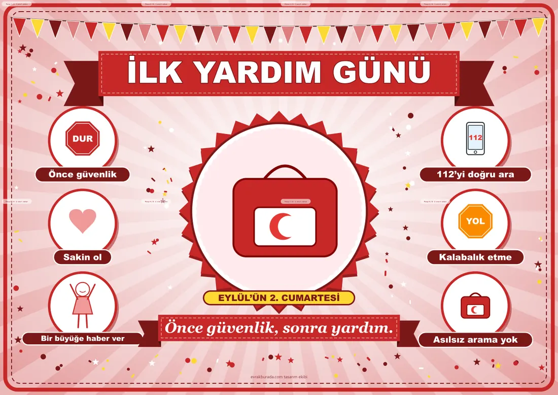 Dünya İlk Yardım Günü Pano Şeridi ve 6 Bilgi Posteri (8 parça · 84 × 59 cm) birleşik görünüm