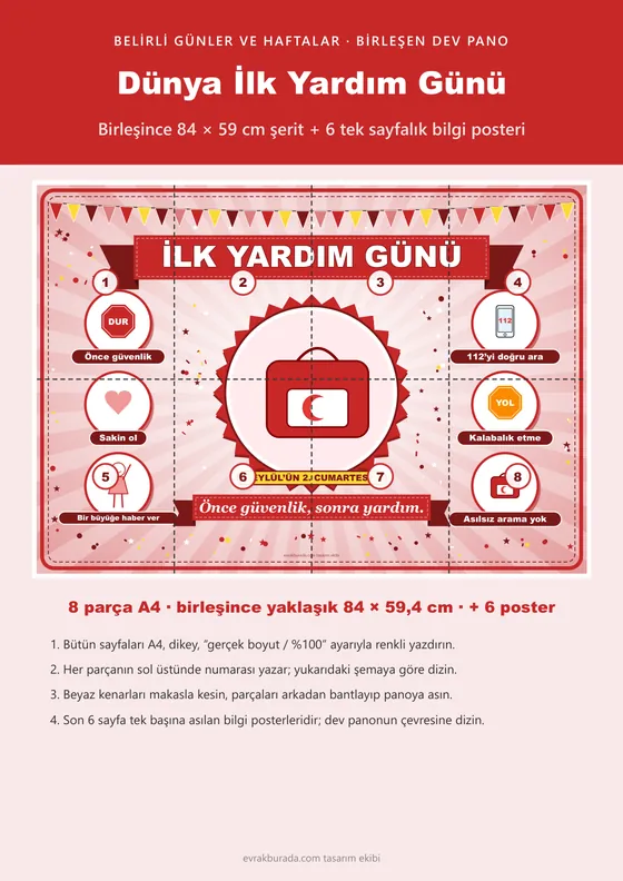 Dünya İlk Yardım Günü Pano Şeridi ve 6 Bilgi Posteri (8 parça · 84 × 59 cm) kapağı