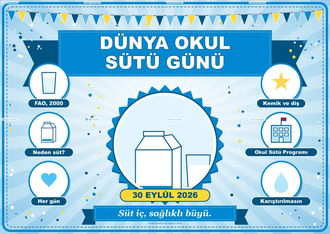Dünya Okul Sütü Günü Pano Şeridi ve 6 Bilgi Posteri (8 parça · 84 × 59 cm) birleşik görünüm