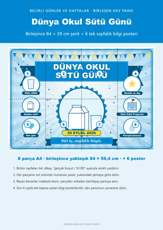 Dünya Okul Sütü Günü Pano Şeridi ve 6 Bilgi Posteri (8 parça · 84 × 59 cm) kapağı