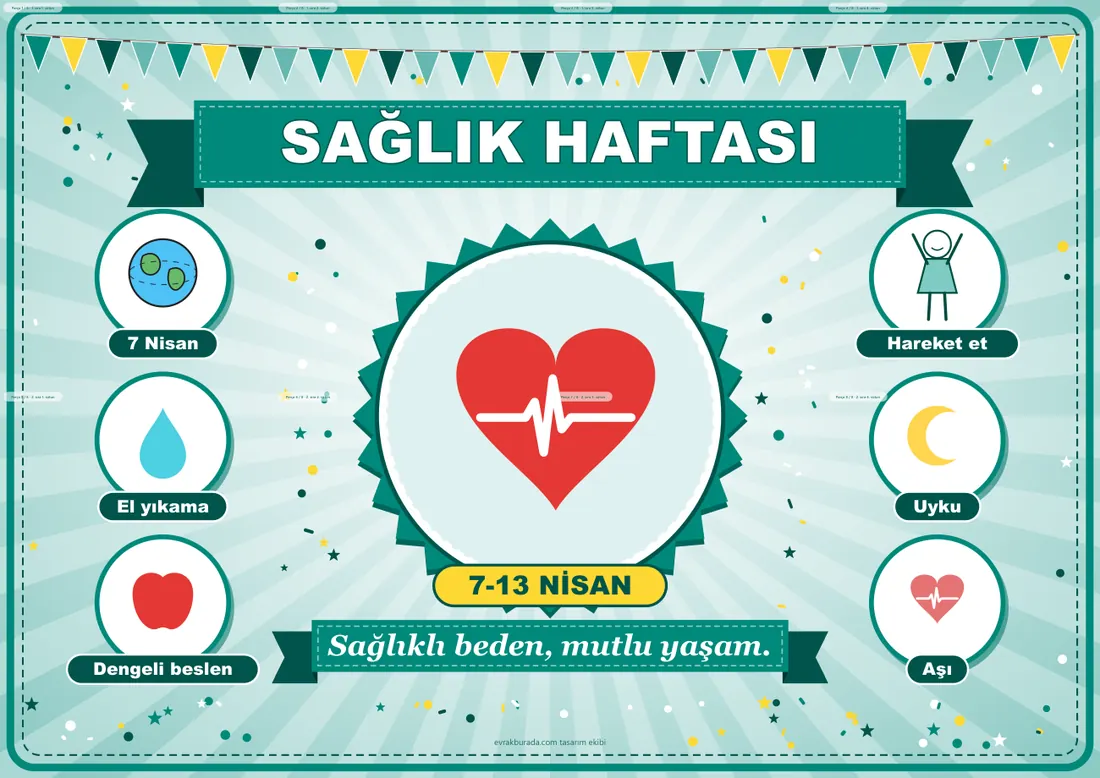 Dünya Sağlık Günü ve Sağlık Haftası Pano Şeridi ve 6 Bilgi Posteri (8 parça · 84 × 59 cm) birleşik görünüm