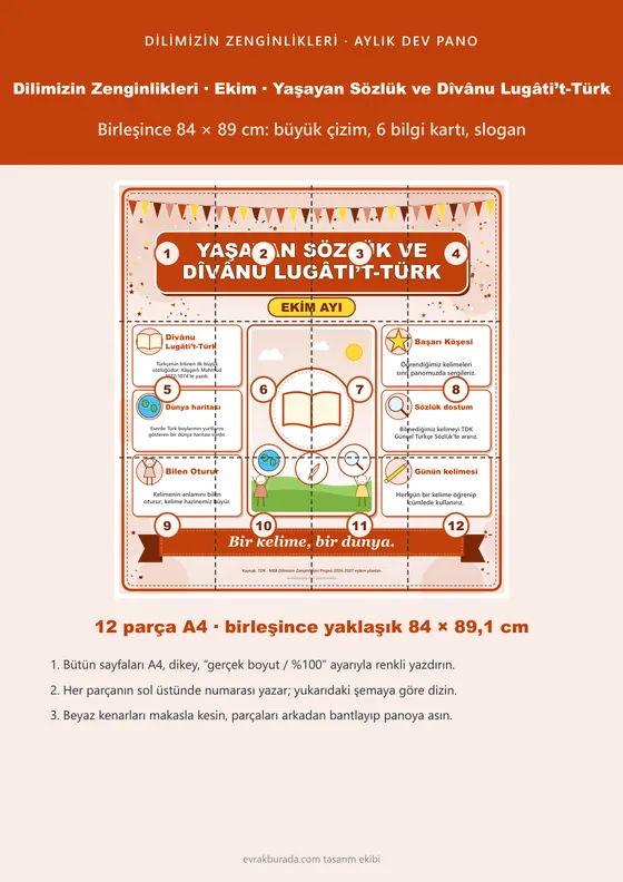 Dilimizin Zenginlikleri Ekim Panosu: Yaşayan Sözlük ve Dîvânu Lugâti’t-Türk — Dev Pano (12 parça · 84 × 89 cm) kapağı