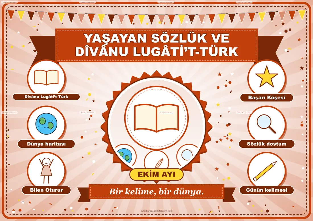 Dilimizin Zenginlikleri Ekim Panosu: Yaşayan Sözlük ve Dîvânu Lugâti’t-Türk — Pano Şeridi ve 6 Bilgi Posteri (8 parça) birleşik görünüm