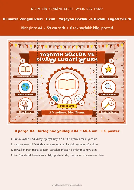 Dilimizin Zenginlikleri Ekim Panosu: Yaşayan Sözlük ve Dîvânu Lugâti’t-Türk — Pano Şeridi ve 6 Bilgi Posteri (8 parça) kapağı