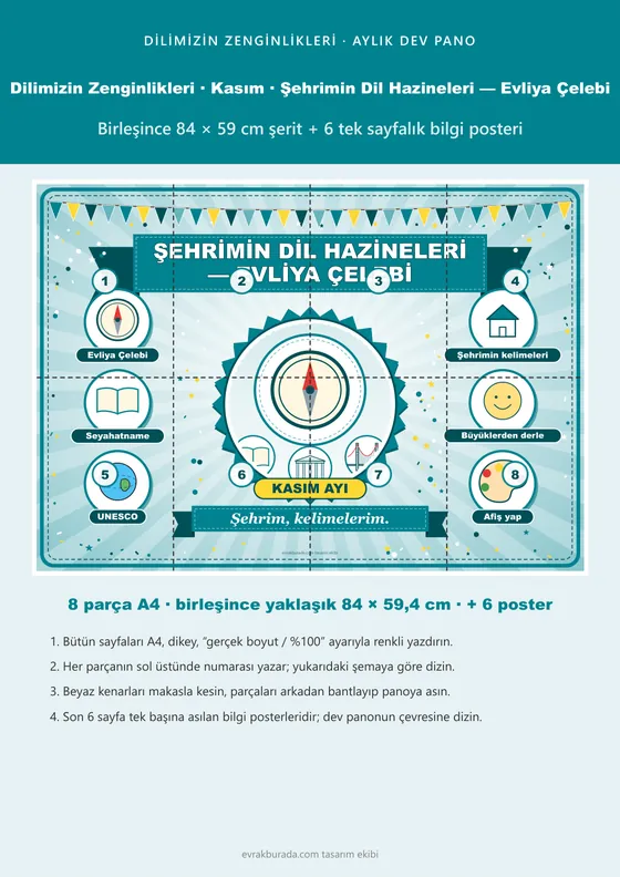 Dilimizin Zenginlikleri Kasım Panosu: Şehrimin Dil Hazineleri — Evliya Çelebi — Pano Şeridi ve 6 Bilgi Posteri (8 parça) kapağı