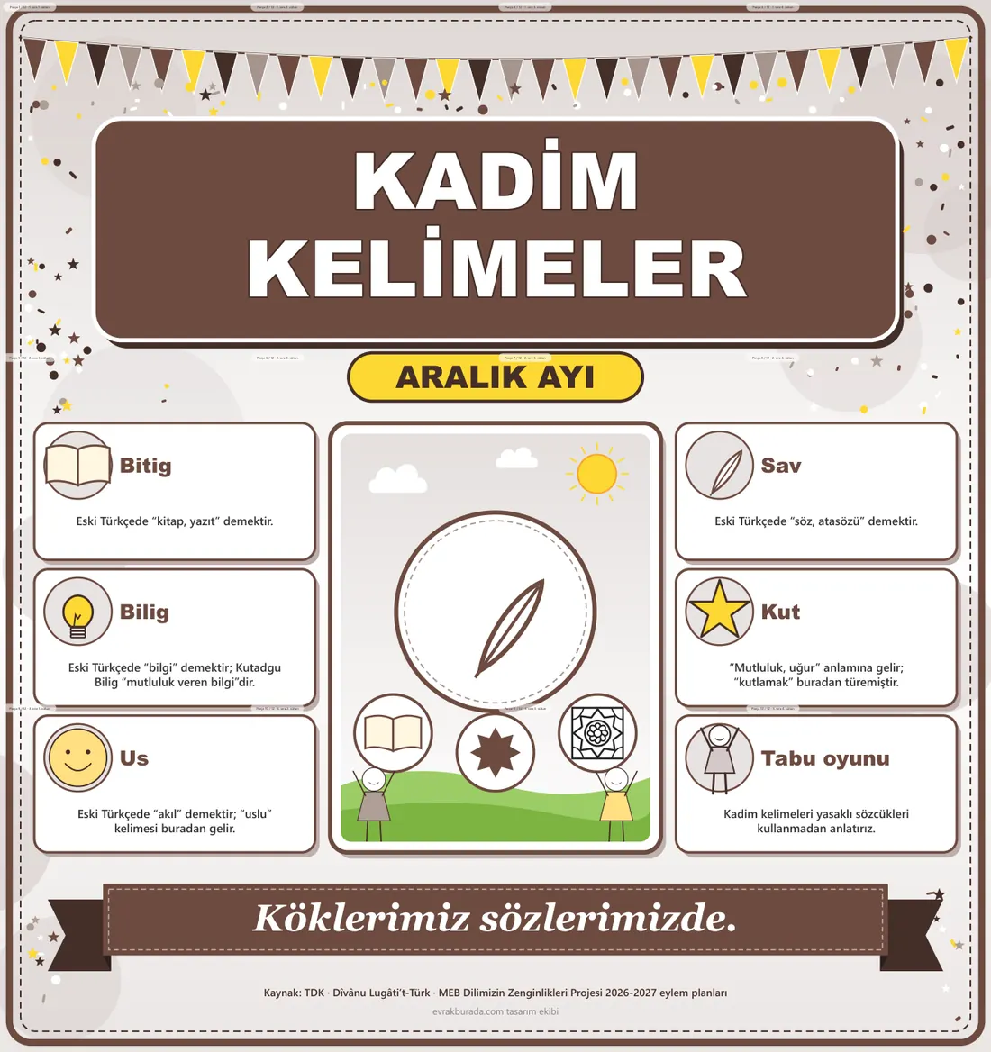 Dilimizin Zenginlikleri Aralık Panosu: Kadim Kelimeler — Dev Pano (12 parça · 84 × 89 cm) birleşik görünüm