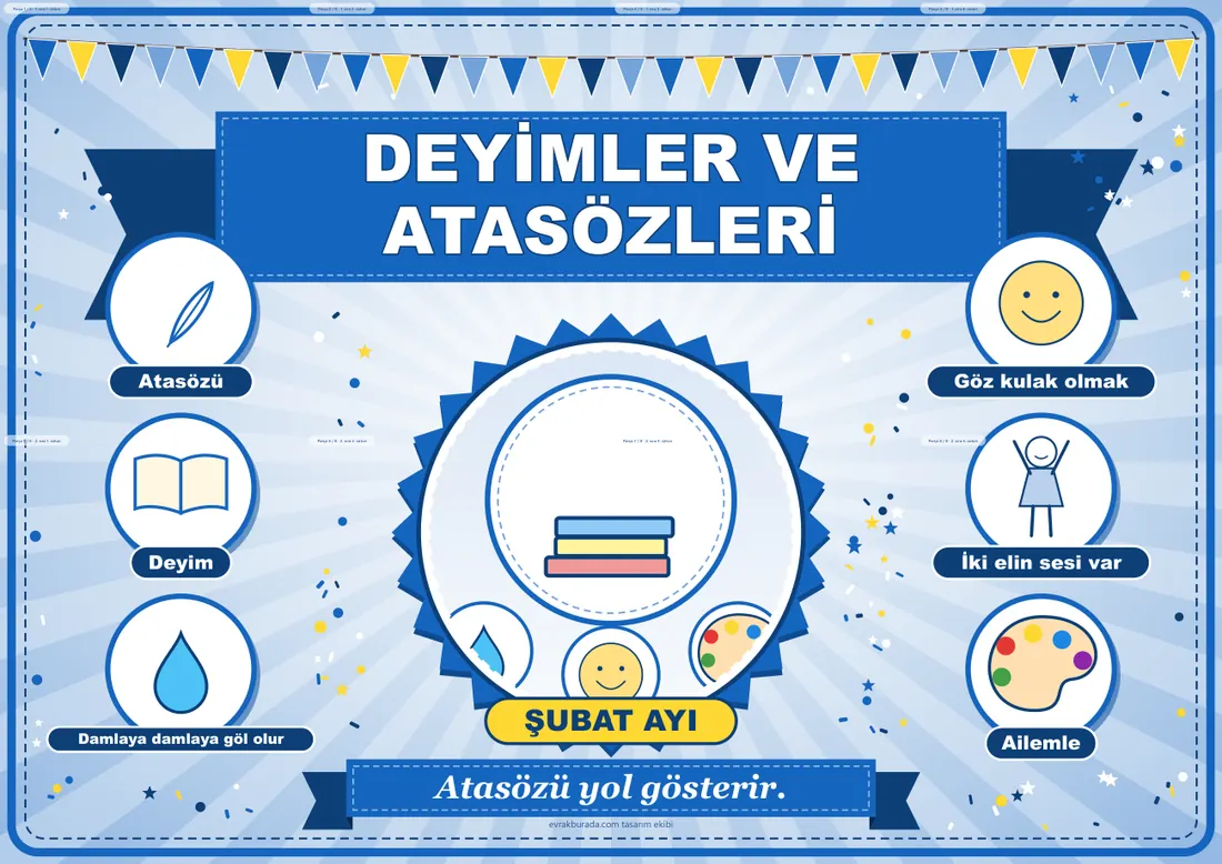 Dilimizin Zenginlikleri Şubat Panosu: Deyimler ve Atasözleri — Pano Şeridi ve 6 Bilgi Posteri (8 parça) birleşik görünüm