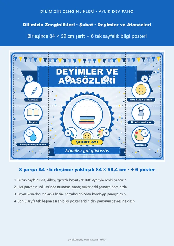 Dilimizin Zenginlikleri Şubat Panosu: Deyimler ve Atasözleri — Pano Şeridi ve 6 Bilgi Posteri (8 parça) kapağı