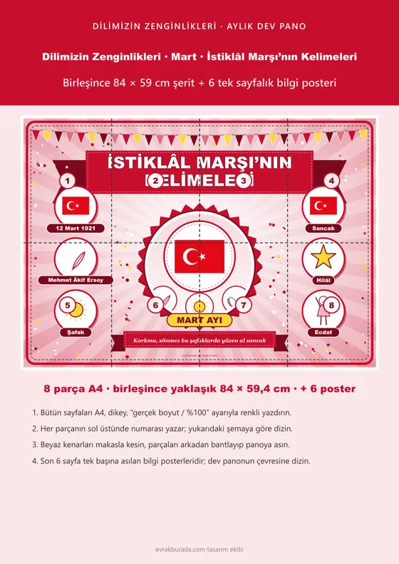 Dilimizin Zenginlikleri Mart Panosu: İstiklâl Marşı’nın Kelimeleri — Pano Şeridi ve 6 Bilgi Posteri (8 parça) kapağı