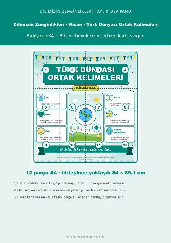 Dilimizin Zenginlikleri Nisan Panosu: Türk Dünyası Ortak Kelimeleri — Dev Pano (12 parça · 84 × 89 cm) kapağı