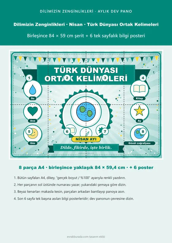 Dilimizin Zenginlikleri Nisan Panosu: Türk Dünyası Ortak Kelimeleri — Pano Şeridi ve 6 Bilgi Posteri (8 parça) kapağı