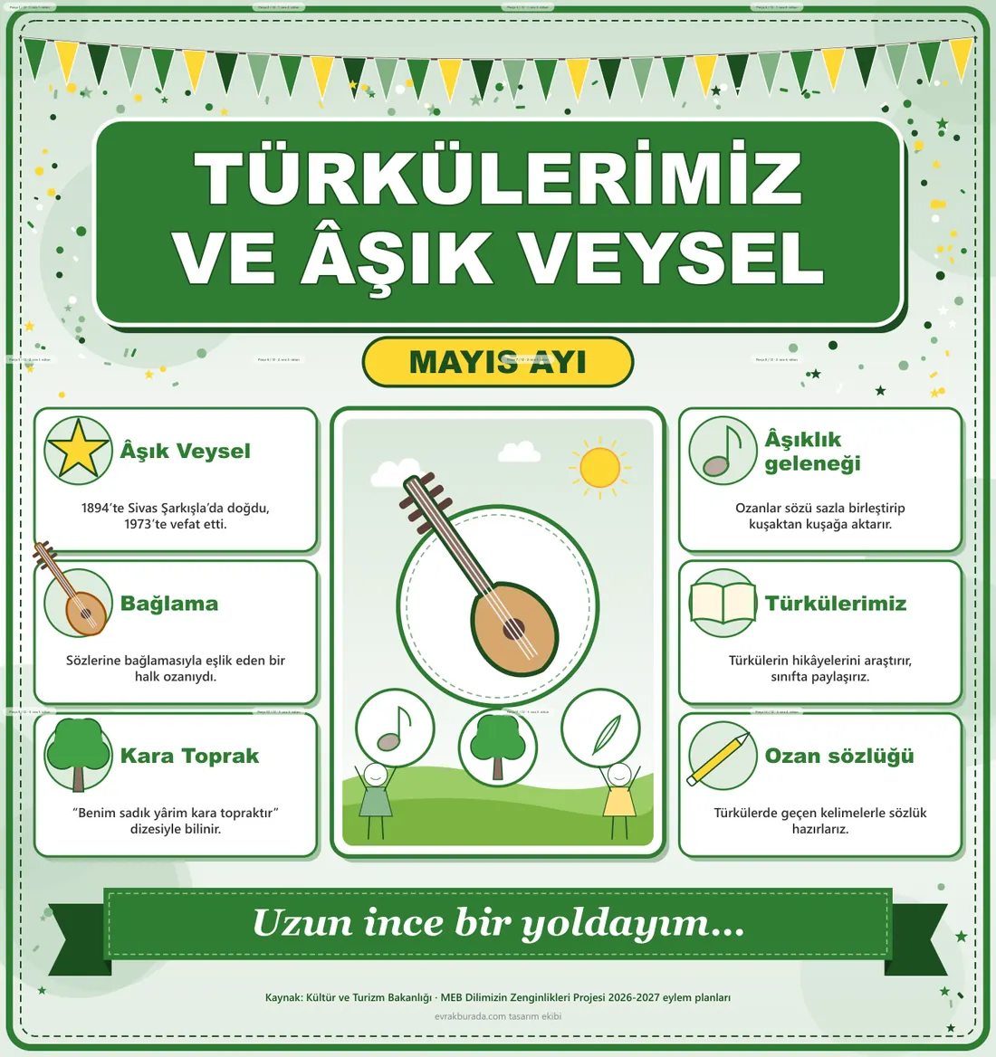 Dilimizin Zenginlikleri Mayıs Panosu: Türkülerimiz ve Âşık Veysel — Dev Pano (12 parça · 84 × 89 cm) birleşik görünüm