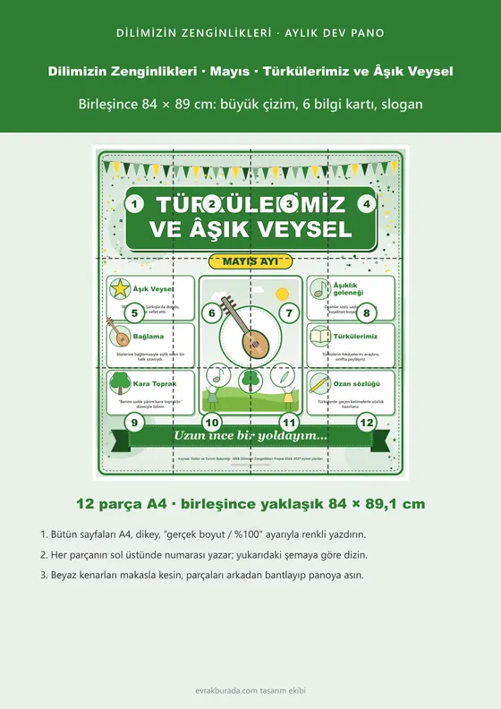 Dilimizin Zenginlikleri Mayıs Panosu: Türkülerimiz ve Âşık Veysel — Dev Pano (12 parça · 84 × 89 cm) kapağı