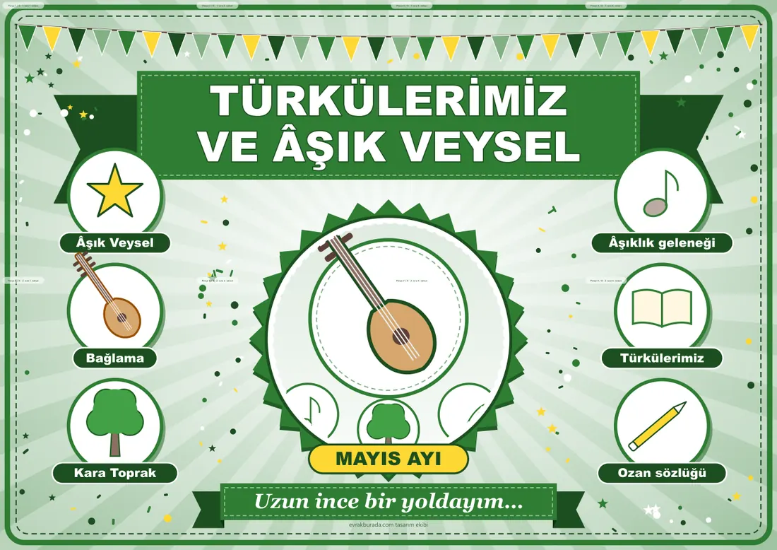 Dilimizin Zenginlikleri Mayıs Panosu: Türkülerimiz ve Âşık Veysel — Pano Şeridi ve 6 Bilgi Posteri (8 parça) birleşik görünüm