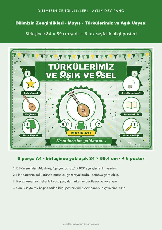 Dilimizin Zenginlikleri Mayıs Panosu: Türkülerimiz ve Âşık Veysel — Pano Şeridi ve 6 Bilgi Posteri (8 parça) kapağı