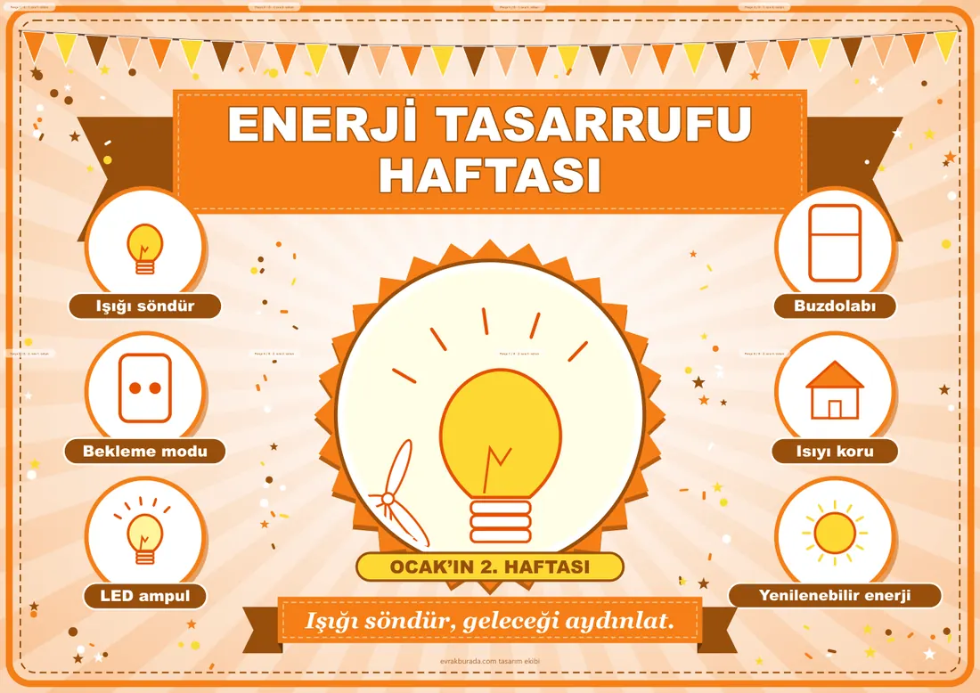 Enerji Tasarrufu Haftası Pano Şeridi ve 6 Bilgi Posteri (8 parça · 84 × 59 cm) birleşik görünüm