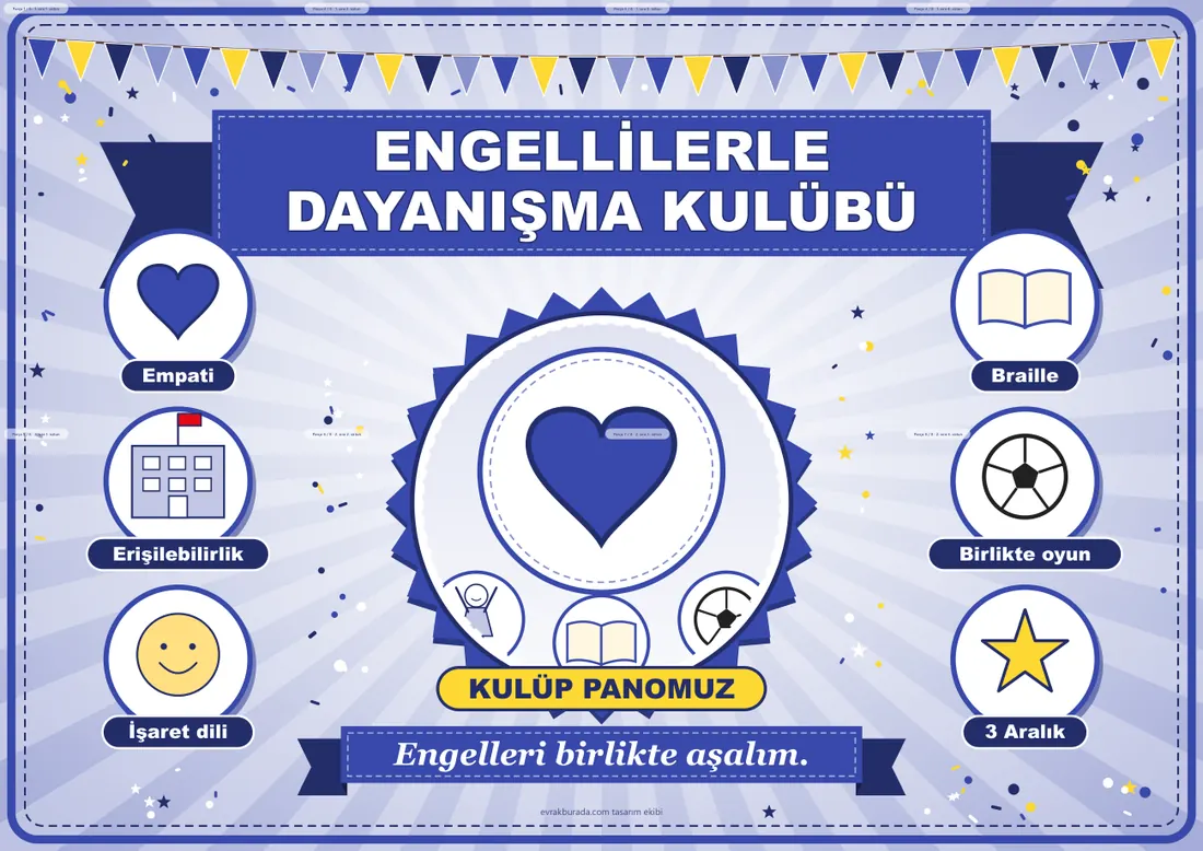 Engellilerle Dayanışma Kulübü Pano Şeridi ve 6 Bilgi Posteri (8 parça · 84 × 59 cm) birleşik görünüm