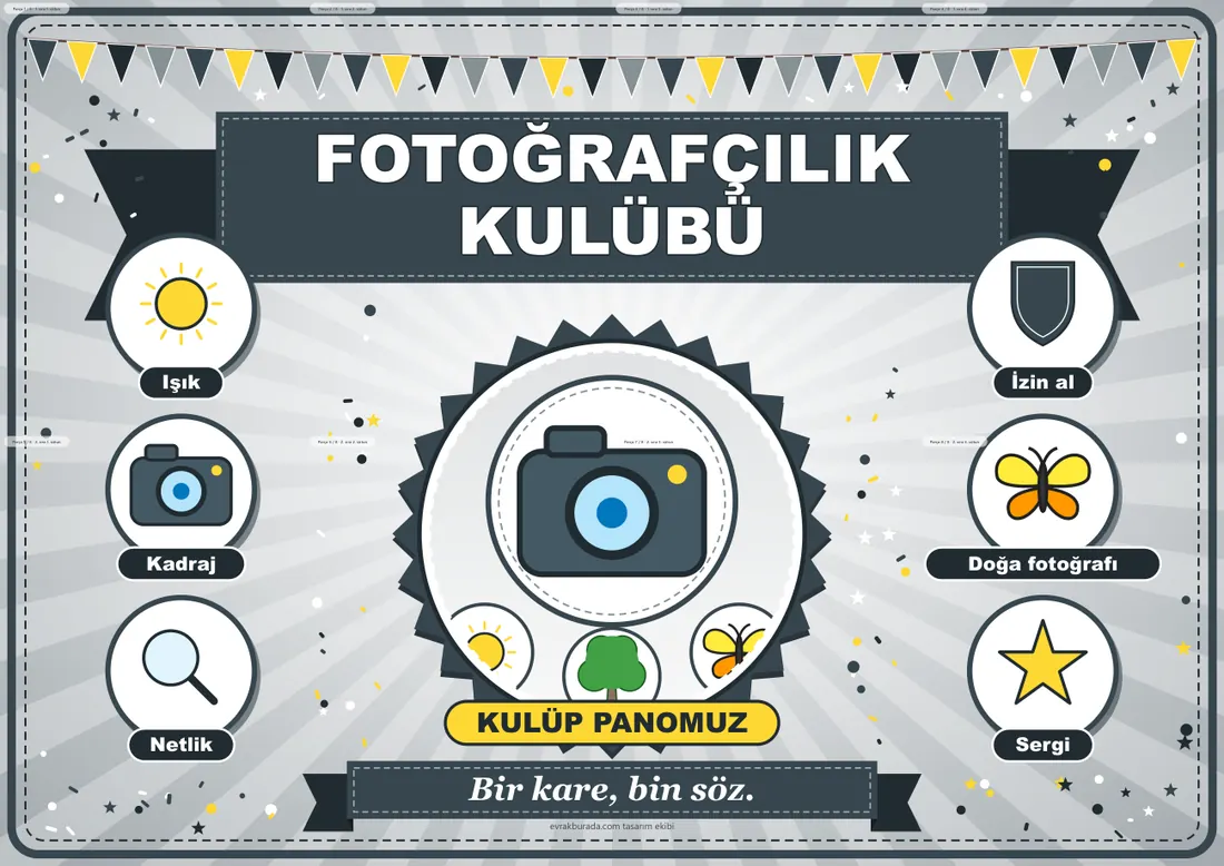 Fotoğrafçılık Kulübü Pano Şeridi ve 6 Bilgi Posteri (8 parça · 84 × 59 cm) birleşik görünüm