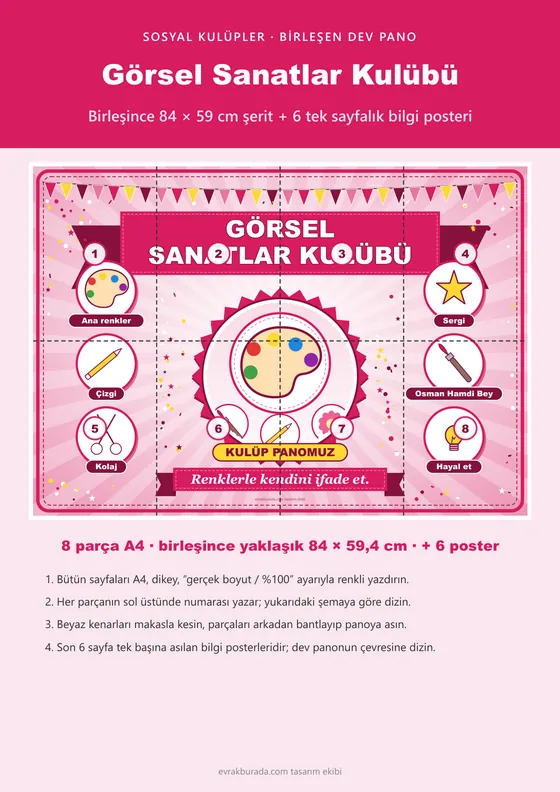 Görsel Sanatlar Kulübü Pano Şeridi ve 6 Bilgi Posteri (8 parça · 84 × 59 cm) kapağı