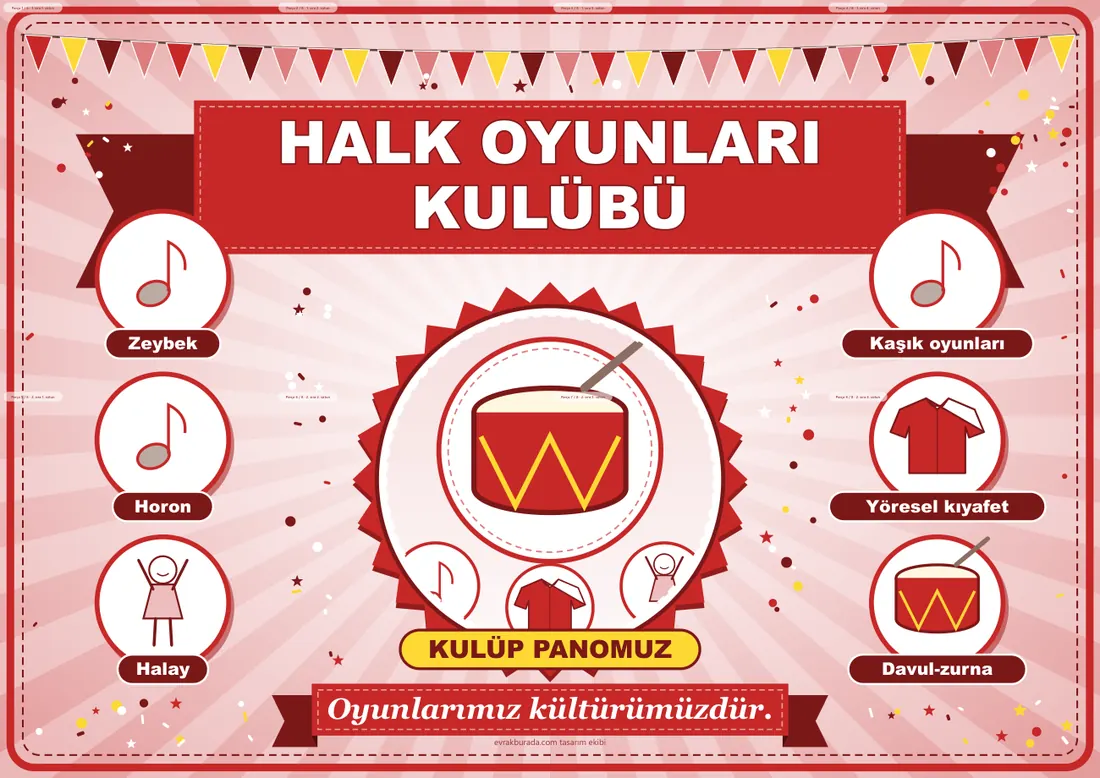 Halk Oyunları Kulübü Pano Şeridi ve 6 Bilgi Posteri (8 parça · 84 × 59 cm) birleşik görünüm