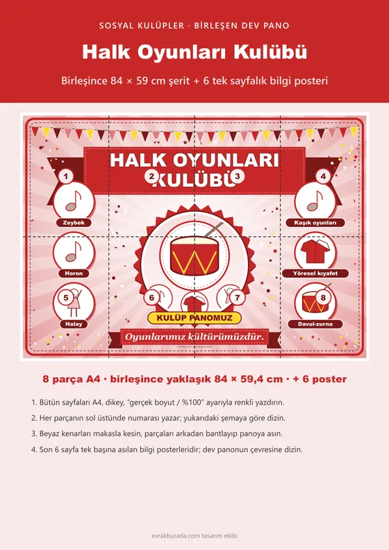 Halk Oyunları Kulübü Pano Şeridi ve 6 Bilgi Posteri (8 parça · 84 × 59 cm) kapağı