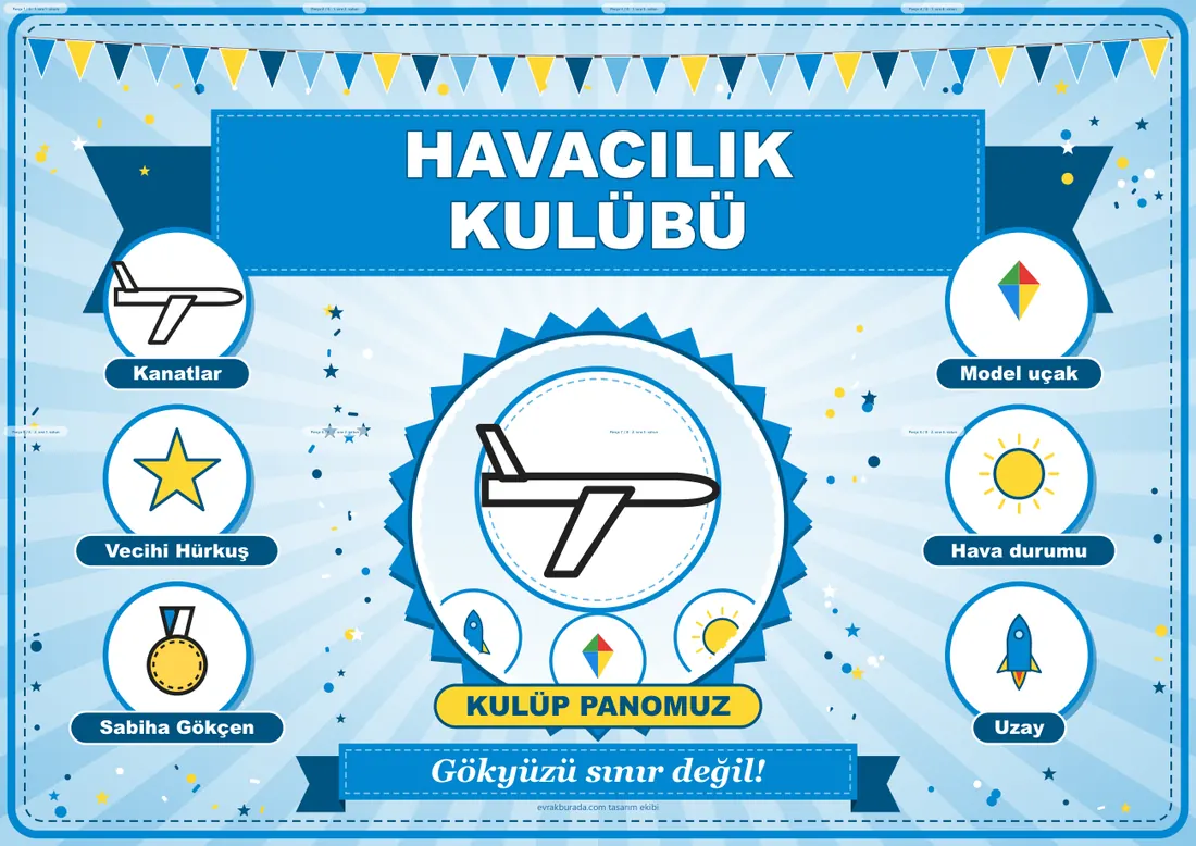 Havacılık Kulübü Pano Şeridi ve 6 Bilgi Posteri (8 parça · 84 × 59 cm) birleşik görünüm