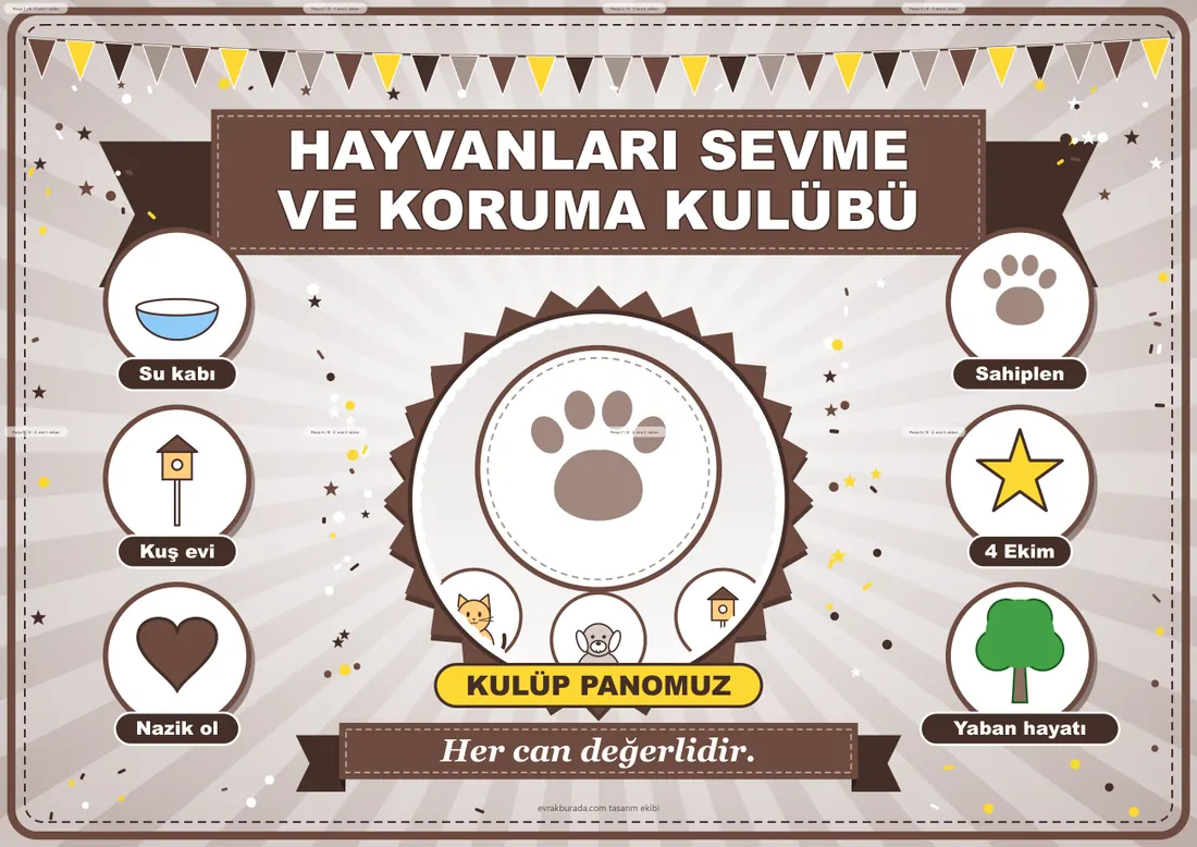 Hayvanları Sevme ve Koruma Kulübü Pano Şeridi ve 6 Bilgi Posteri (8 parça · 84 × 59 cm) birleşik görünüm