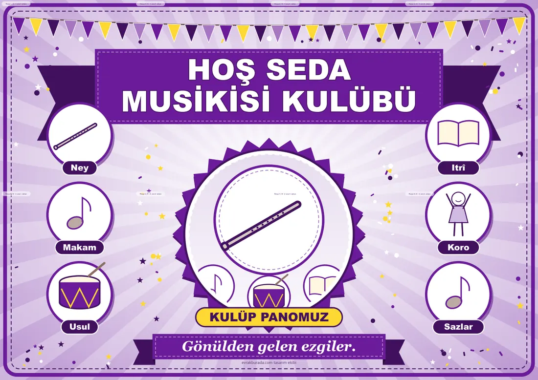 Hoş Seda Musikisi Kulübü Pano Şeridi ve 6 Bilgi Posteri (8 parça · 84 × 59 cm) birleşik görünüm