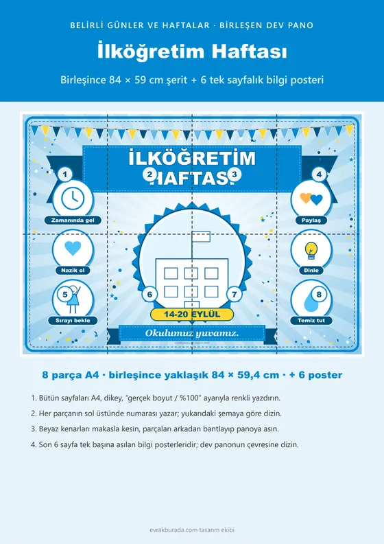 İlköğretim Haftası Pano Şeridi ve 6 Bilgi Posteri (8 parça · 84 × 59 cm) kapağı