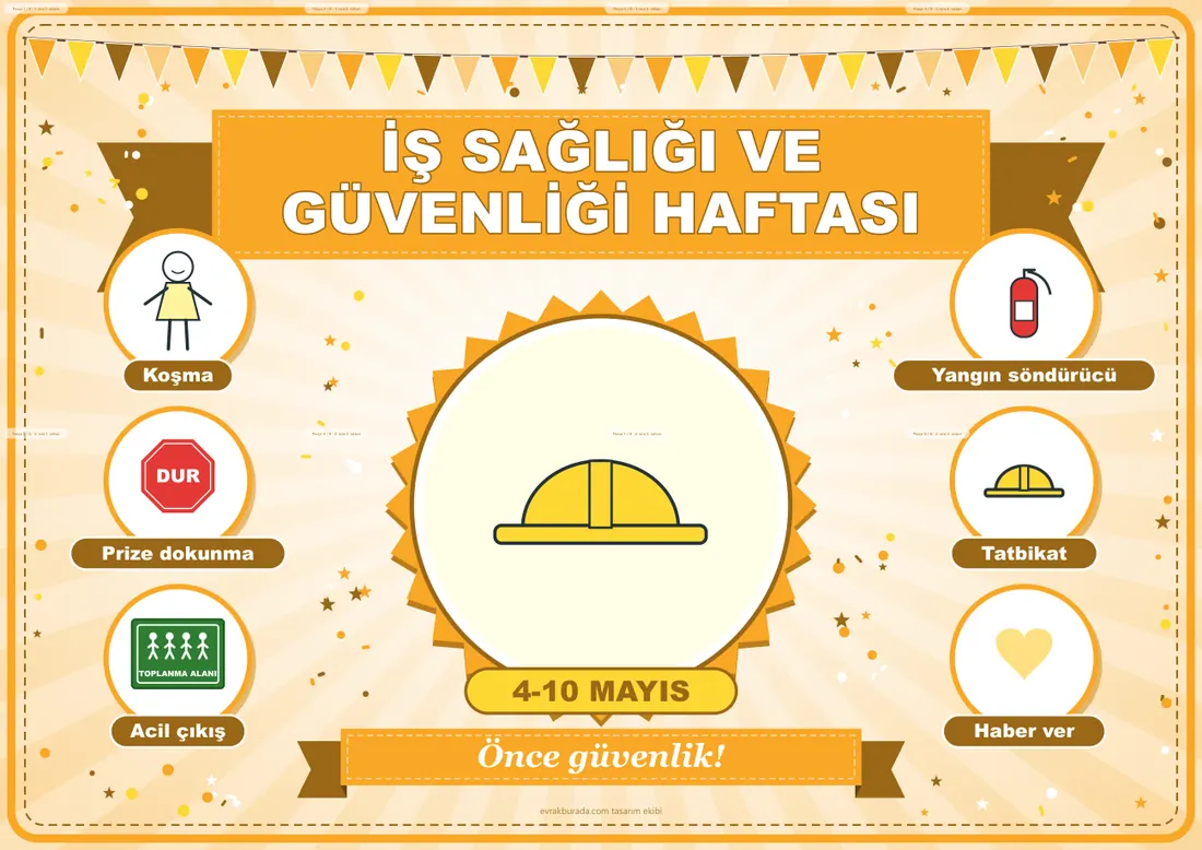 İş Sağlığı ve Güvenliği Haftası Pano Şeridi ve 6 Bilgi Posteri (8 parça · 84 × 59 cm) birleşik görünüm