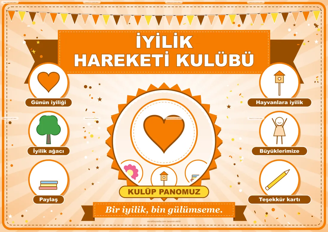 İyilik Hareketi Kulübü Pano Şeridi ve 6 Bilgi Posteri (8 parça · 84 × 59 cm) birleşik görünüm