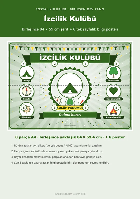 İzcilik Kulübü Pano Şeridi ve 6 Bilgi Posteri (8 parça · 84 × 59 cm) kapağı