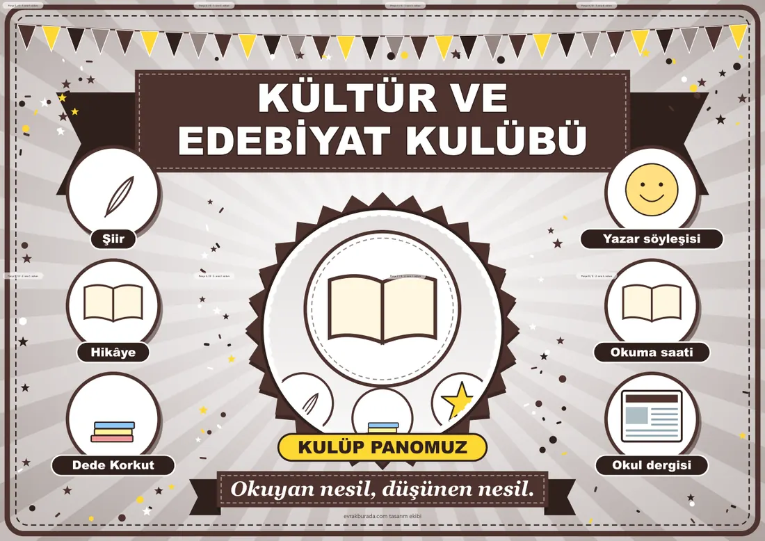 Kültür ve Edebiyat Kulübü Pano Şeridi ve 6 Bilgi Posteri (8 parça · 84 × 59 cm) birleşik görünüm