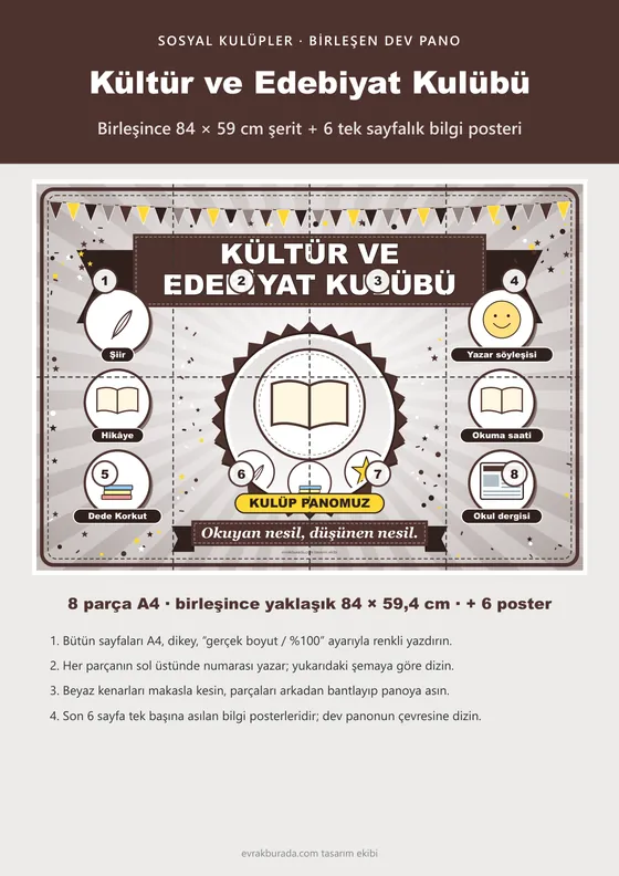 Kültür ve Edebiyat Kulübü Pano Şeridi ve 6 Bilgi Posteri (8 parça · 84 × 59 cm) kapağı