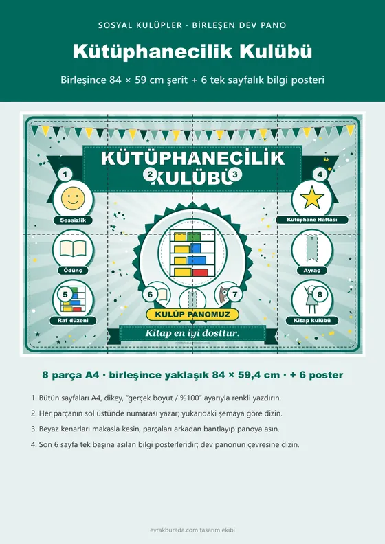 Kütüphanecilik Kulübü Pano Şeridi ve 6 Bilgi Posteri (8 parça · 84 × 59 cm) kapağı