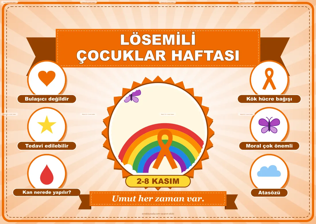 Lösemili Çocuklar Haftası Pano Şeridi ve 6 Bilgi Posteri (8 parça · 84 × 59 cm) birleşik görünüm
