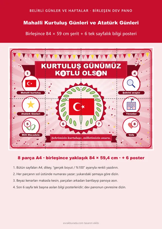 Mahallî Kurtuluş Günleri ve Atatürk Günleri Pano Şeridi ve 6 Bilgi Posteri (8 parça · 84 × 59 cm) kapağı