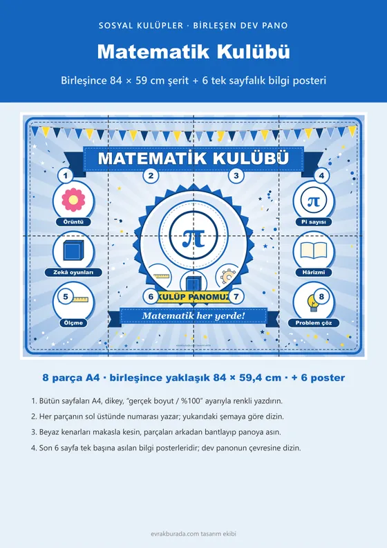 Matematik Kulübü Pano Şeridi ve 6 Bilgi Posteri (8 parça · 84 × 59 cm) kapağı