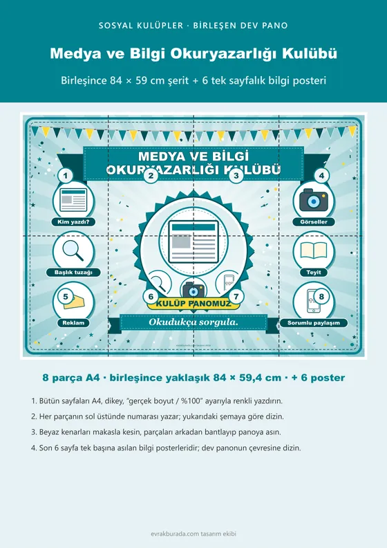 Medya ve Bilgi Okuryazarlığı Kulübü Pano Şeridi ve 6 Bilgi Posteri (8 parça · 84 × 59 cm) kapağı
