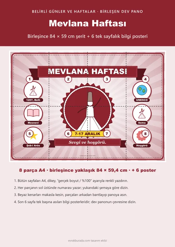 Mevlana Haftası Pano Şeridi ve 6 Bilgi Posteri (8 parça · 84 × 59 cm) kapağı