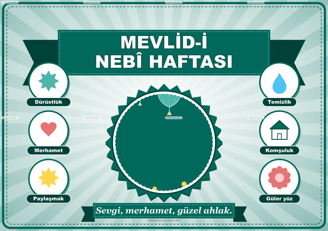 Mevlid-i Nebî Haftası Pano Şeridi ve 6 Bilgi Posteri (8 parça · 84 × 59 cm) birleşik görünüm