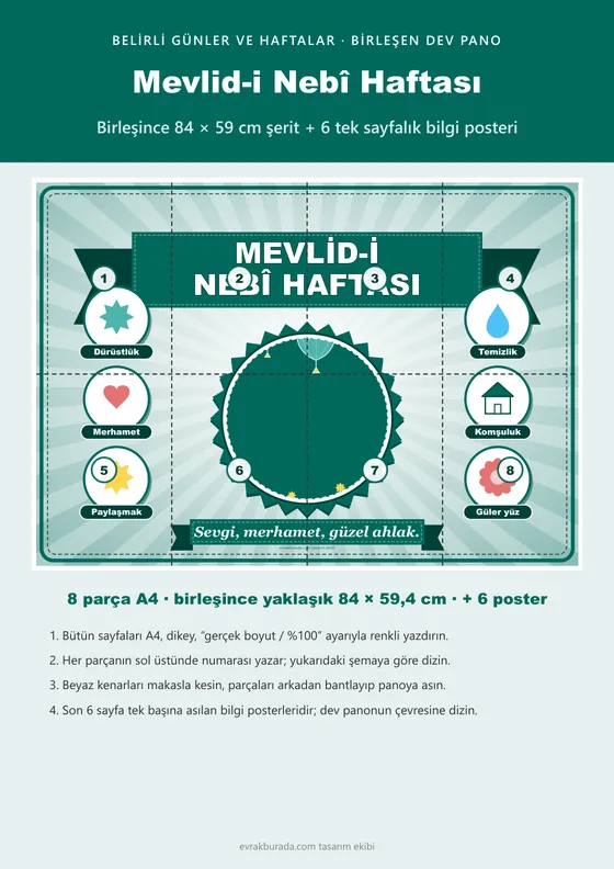 Mevlid-i Nebî Haftası Pano Şeridi ve 6 Bilgi Posteri (8 parça · 84 × 59 cm) kapağı