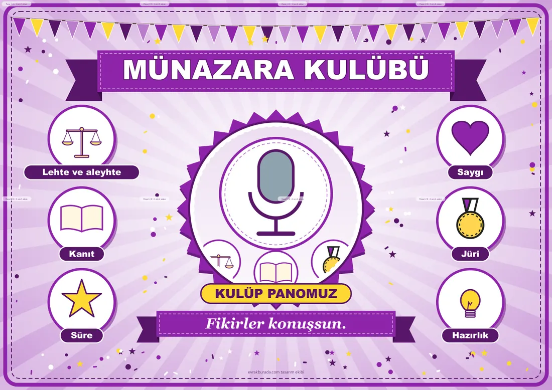 Münazara Kulübü Pano Şeridi ve 6 Bilgi Posteri (8 parça · 84 × 59 cm) birleşik görünüm