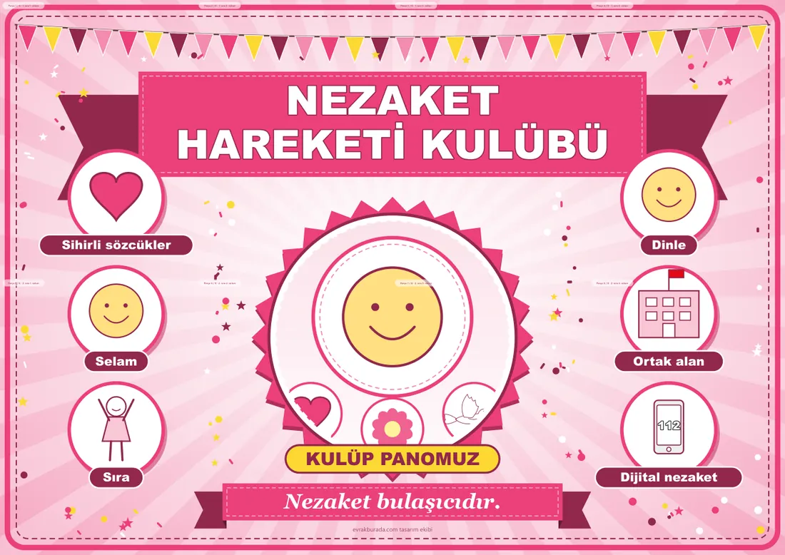 Nezaket Hareketi Kulübü Pano Şeridi ve 6 Bilgi Posteri (8 parça · 84 × 59 cm) birleşik görünüm