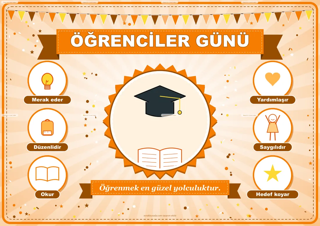 Öğrenciler Günü Pano Şeridi ve 6 Bilgi Posteri (8 parça · 84 × 59 cm) birleşik görünüm
