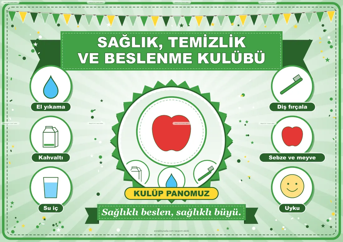 Sağlık, Temizlik ve Beslenme Kulübü Pano Şeridi ve 6 Bilgi Posteri (8 parça · 84 × 59 cm) birleşik görünüm