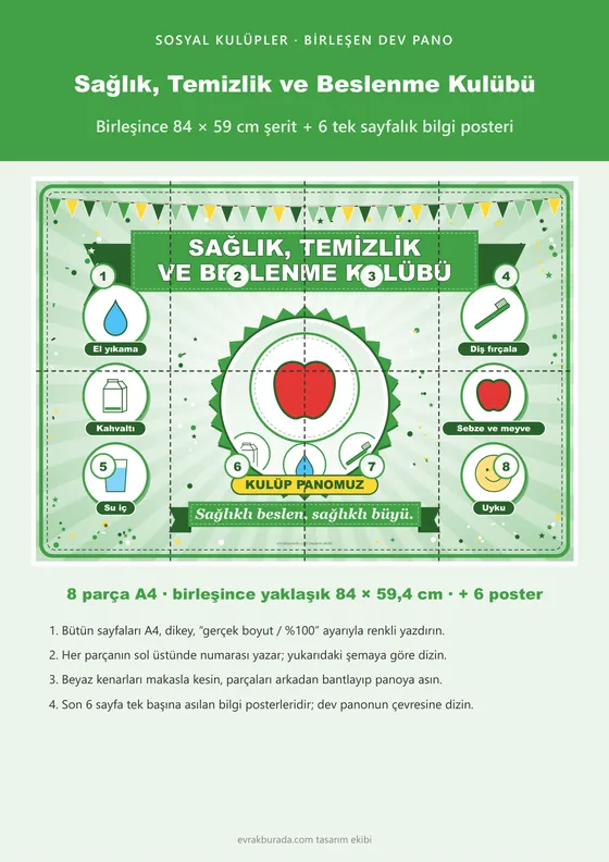 Sağlık, Temizlik ve Beslenme Kulübü Pano Şeridi ve 6 Bilgi Posteri (8 parça · 84 × 59 cm) kapağı